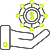 A hand holding a dollar coin and a network of connections vector