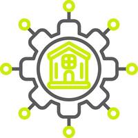 A green and yellow house icon in a gear vector