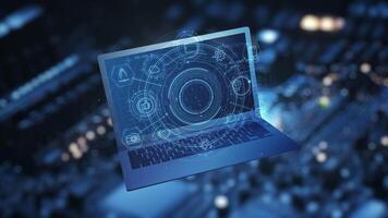 Laptop's virtual space featuring dynamic infographic imagery. video