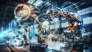 Robotic and automated production, infographics on industrial background. video