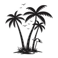Black and white illustration of palm trees a beach umbrella and flying birds vector