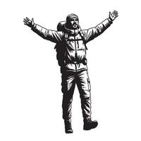 Enthusiastic hiker celebrates with open arms illustration in black and white style vector