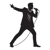 Black silhouette of a performing singer holding a microphone on a white background vector