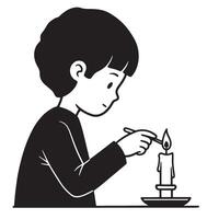 A curious child lights a candle with a match in a simple black and white illustration vector