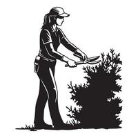 A gardener pruning a bush with shears in silhouette simple illustration vector