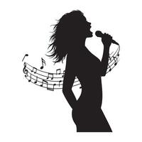 Silhouette of a female singer performing with musical notes and microphone isolated on white vector
