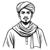 Black and white line art portrait of a south asian man in traditional attire vector