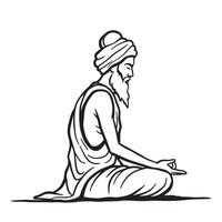 Black and white line art of a meditating spiritual guru in lotus position vector