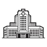 Black and white illustration of a modern hospital building with a prominent medical cross vector