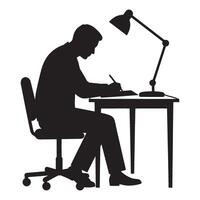 Silhouette of a person working at a desk under a desk lamp writing vector