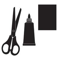 Black and white illustration of scissors glue tube and a rectangular piece of paper vector