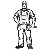 illustration of a strong construction worker wearing overalls and a hard hat holding tools vector