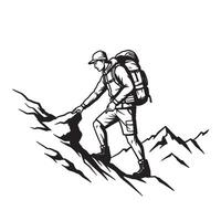 Black and white illustration of a hiker climbing a mountain trail reaching for the summit vector
