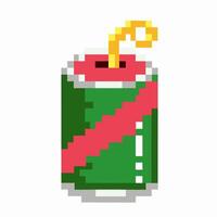 Retro pixel art soda can with straw, green and red classic beverage design, nostalgic game illustration vector