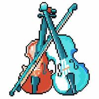 Pixel art violins leaning together classic string musical instruments, retro digital style, music education, performance, orchestra vector