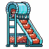 Retro pixel art kid playing on blue playground tube slide with ball pit childhood fun, outdoor activity, gaming nostalgia vector