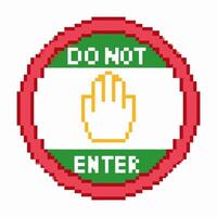 Pixelated do not enter sign with raised hand symbol red border warning icon, green and white background, digital art vector