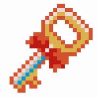 Pixel art golden key with red bow retro vintage game icon, digital unlocked symbol, isolated on white background vector