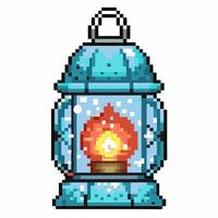 Pixel art lantern with burning flame, vintage blue light in retro game glowing lamp, pixelated illumination vector