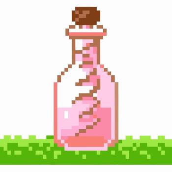 Pixel art potion bottle on green grass retro fantasy elixir, digital magic essence, alchemy item, game asset concept vector