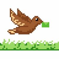 Pixel art brown bird flying with green leaf in beak over grassy ground, retro game style, isolated on white vector