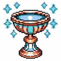 Pixel art golden chalice surrounded by sparkling blue stars, retro game trophy, digital fantasy reward icon vector