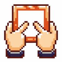 Pixel art hands framing square border digital retro gesture, creative focus, vintage interface icon, 8 bit game design element vector