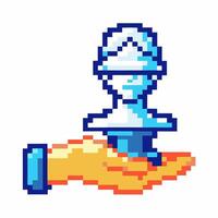 Pixel art rocket launching with fire trail, retro spaceship icon 8 bit arcade gaming, digital animation element vector