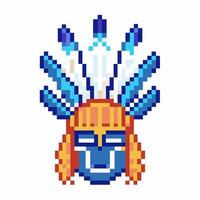 Pixel art tribal mask with blue feathers retro game style, colorful traditional face, indigenous cultural icon design vector