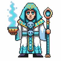 Pixel mage character holding magical staff and glowing bowl fantasy wizard in blue and white robe, 8 bit pixel art vector