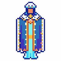 Royal king character in pixel art style, wearing a blue cloak with gold trim, medieval fantasy gaming illustration vector