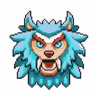 Pixel art angry wolf head with blue fur, open mouth, sharp fangs and red eyebrows retro game animal avatar icon vector