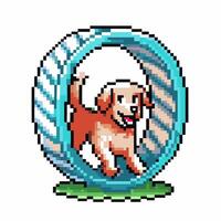 Pixel art dog running in blue exercise wheel, retro playful pet animation, energetic canine activity on green base vector
