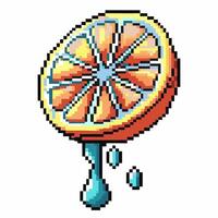 Juicy pixel citrus slice with dripping juice in retro 8 bit vibrant graphic fruit art, fresh summer minimal design vector