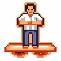 Pixel art confident man with crossed arms standing on hoverboard retro digital character, futuristic technology concept vector