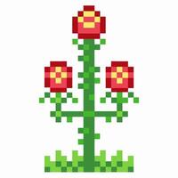 Three blooming pixel art roses with green stems and leaves on white background, retro digital floral design illustration vector