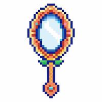 Vintage pixel art hand mirror with ornate gold frame and detailed handle, retro game inspired object illustration vector