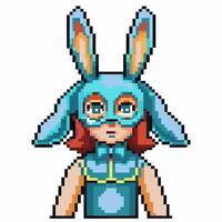 Pixel art character with blue rabbit mask and red hair retro costume, cute digital avatar, quirky fantasy design vector