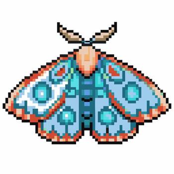 detallado píxel Arte polilla con azul alas y geométrico patrones simétrico diseño, aislado error ilustración para digital utilizar vector