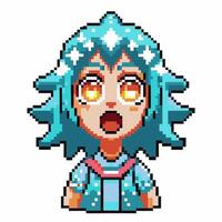 Pixel art character with glowing eyes, blue spiky hair, open mouth expression retro digital style, vibrant animated emotion vector
