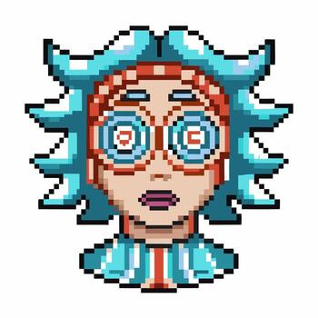 Surprised scientist with spiky blue hair pixel art character, hypnotized eyes, retro game avatar, shocked expression vector