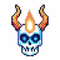 Pixel art flaming skull with orange horns and blue eyes retro game fantasy monster icon, fire and danger concept vector