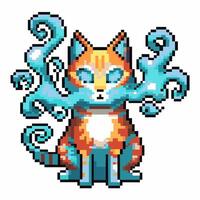 Mystical pixel art cat with glowing blue magical wisps, fantasy digital illustration, retro animal character vector