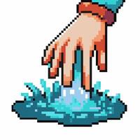 Pixel art magic hand creating water splash game energy effect, glowing blue liquid element, retro fantasy illustration vector