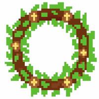 Pixelated wreath with green leaves and yellow flowers, circular shape, 8 bit style, retro holiday decoration vector