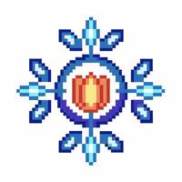 Pixel art geometric mandala with radiant blue symmetrical pattern and orange central symbol, isolated on white background vector