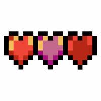 Three pixelated heart icons in a row, retro gaming colorful digital art symbolizing love, health, and life vector
