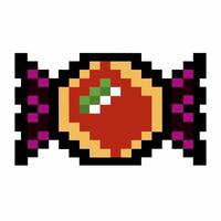 Pixel art wrapped candy icon retro sweet confection with purple wrapper and red center, nostalgic digital treat vector