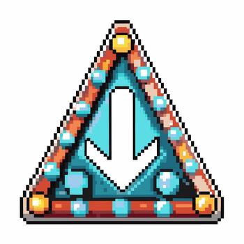 pixelated triangular sign with downward arrow, blue and brown border, illuminated bulbs, retro game user interface vector