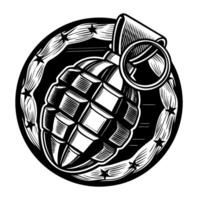 Hand grenade illustration with barbed wire circle monochrome retro military weapon, explosive danger, security concept vector